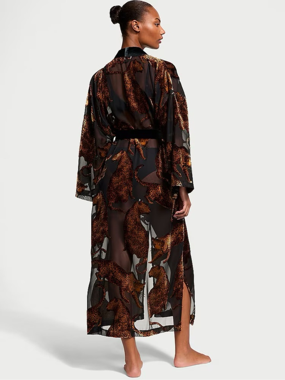 Victoria's Secret Sheer Black Robe with Metallic Leopard Print